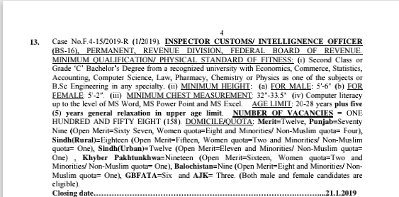 158 posts of Custom Inspector in FBR announced by FPSC 2019