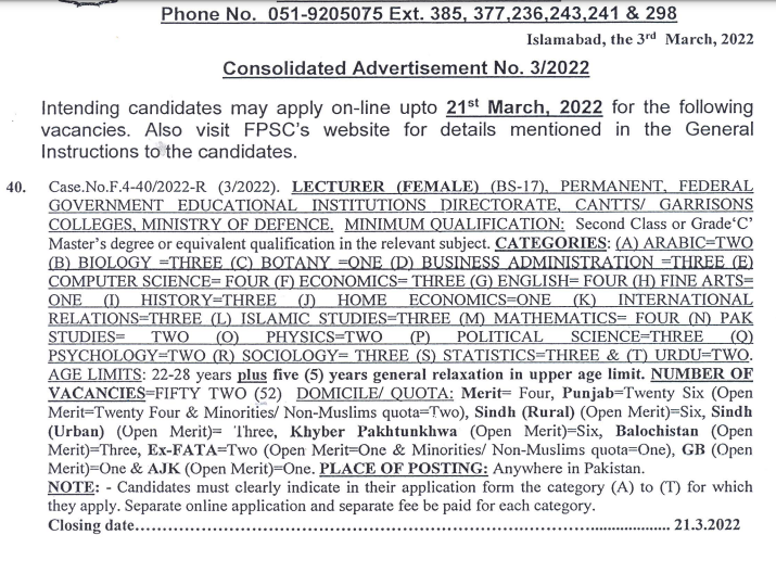 52 Posts of Lecturer Female in FG Schools in Bio, Urdu, IR