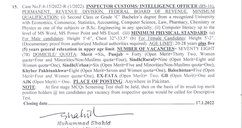 78 Posts of Custom Inspector in FBR Pakistan Customs