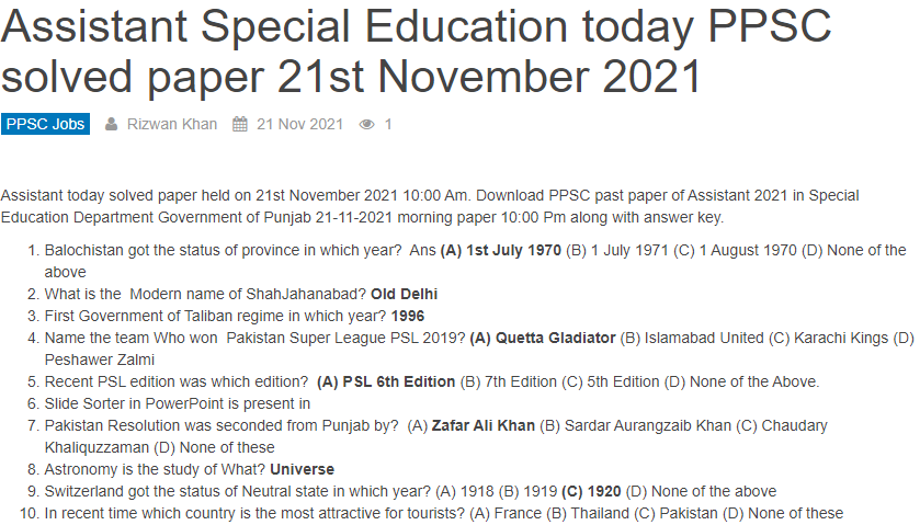  Assistant Special Education PPSCSolved Past Paper 2021