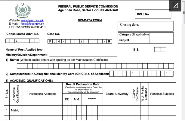 FPSC Bio Data Form