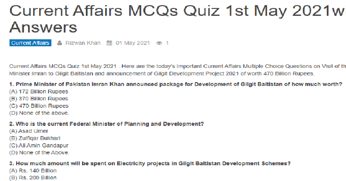Current Affairs MCQs of Pakistan 1st May 2021 with Answers