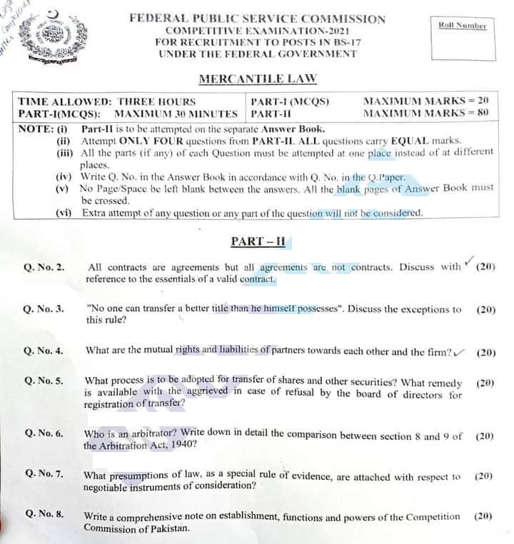 Mercantile Law Paper CSS 2021