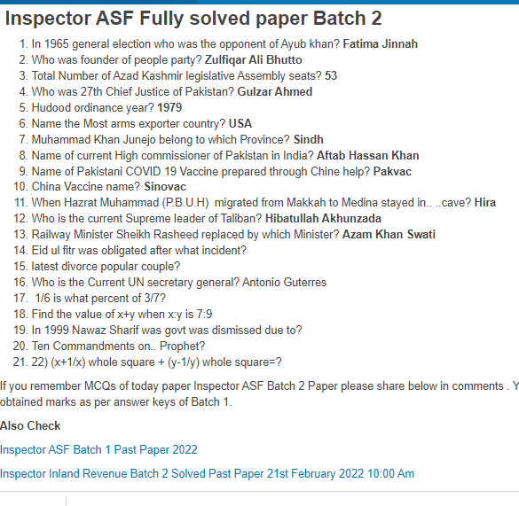 Inspector ASF Past Paper FPSC  2022 fully solved held on 23rd February 2022 10:00 Am