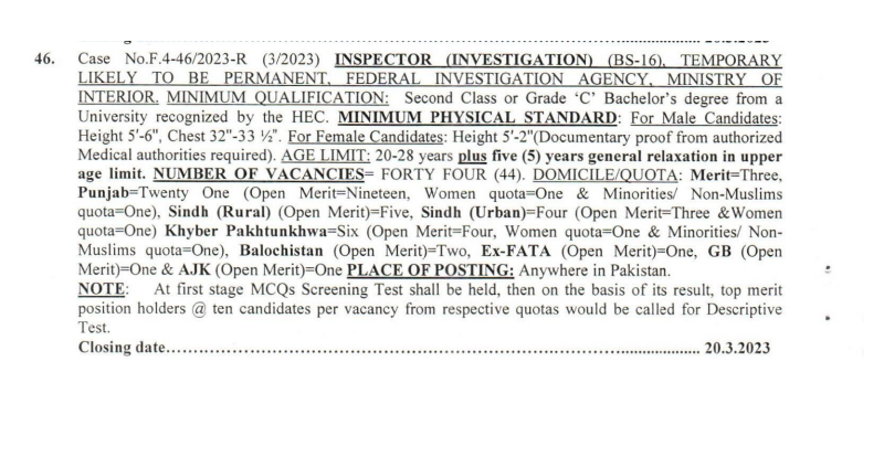 44 Posts of Inspector Investigation FIA announced by FPSC 