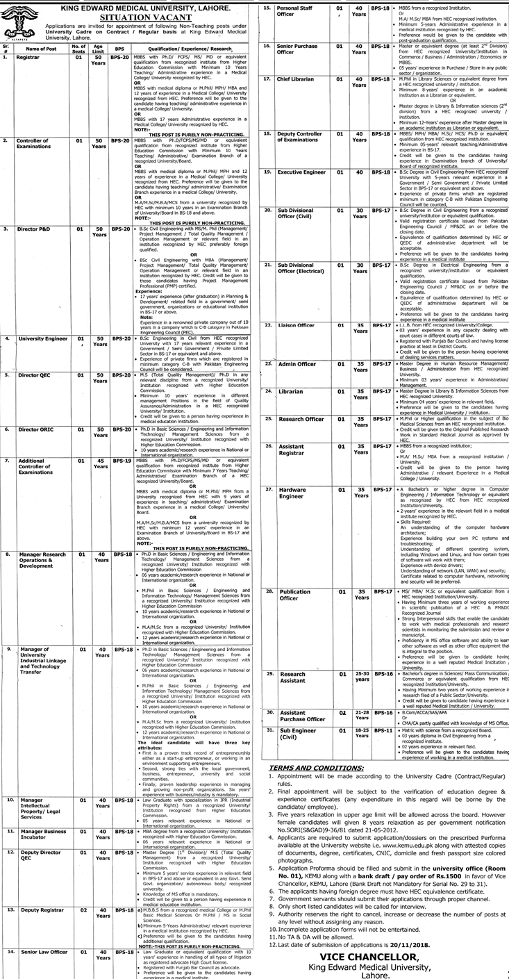 Kindg Edward Medical College Non Teaching Jobs 2018 Advertisement