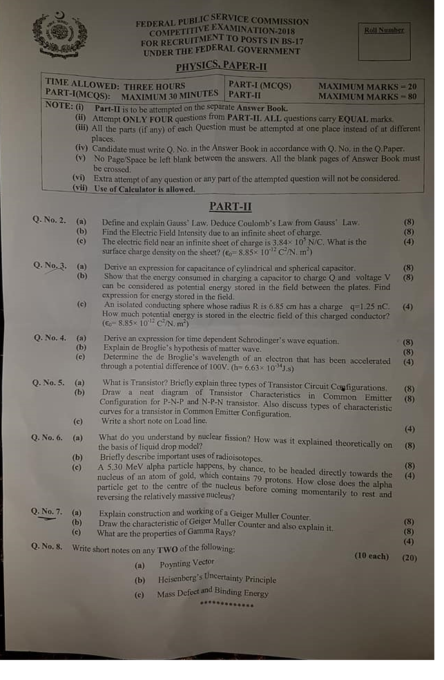 Physics Paper II CSS 2018