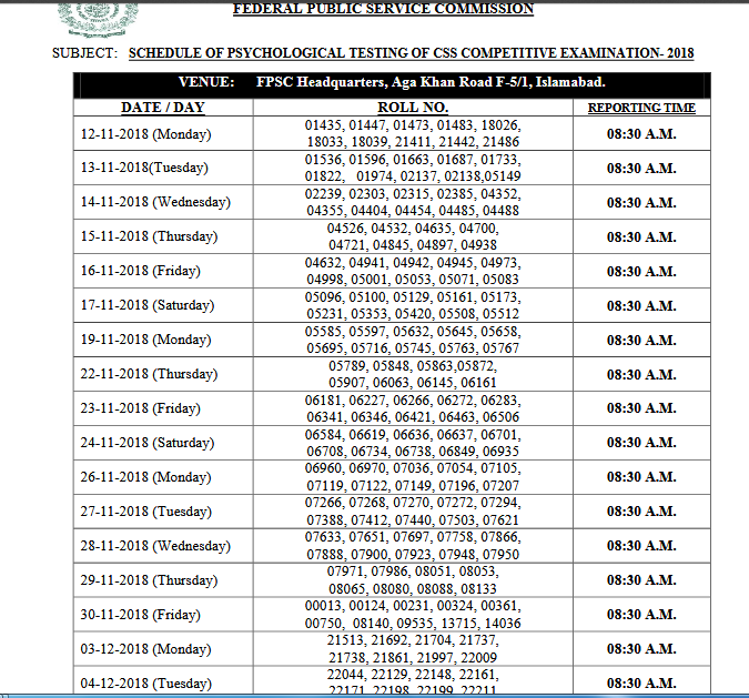 Psychological Assessment Test Schedule for CSS 2018