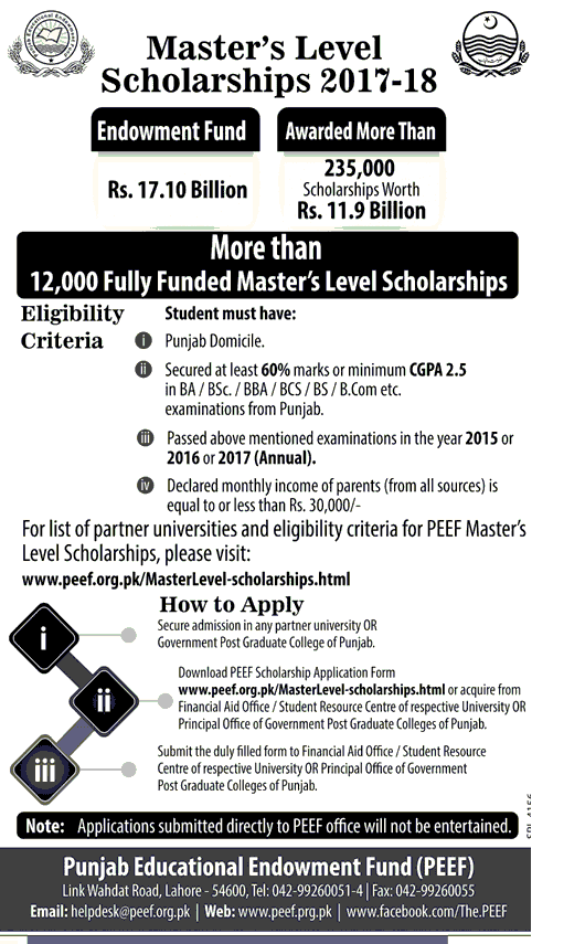 PEEF Master Scholarship 2017 application form download