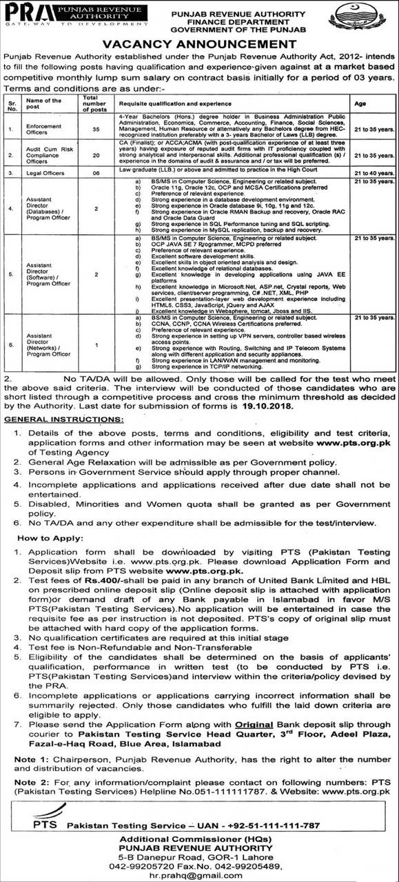 Punjab Revenue Authority PRA PTS Jobs 2018