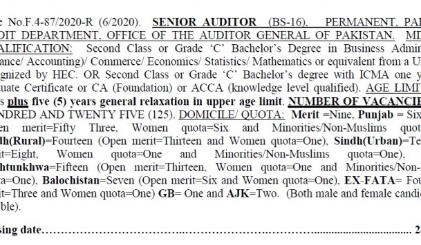 125 Posts of Senior Auditor in Auditor General of Pakistan Department