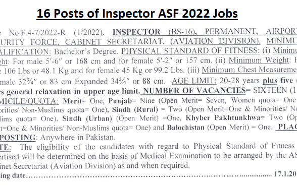 16 Posts of Inspector in ASF announced by FPSC