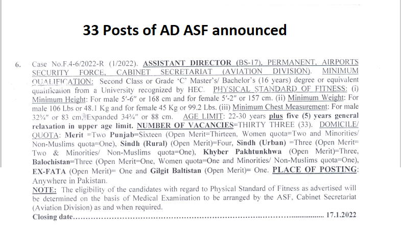 33 Posts of AD in ASF