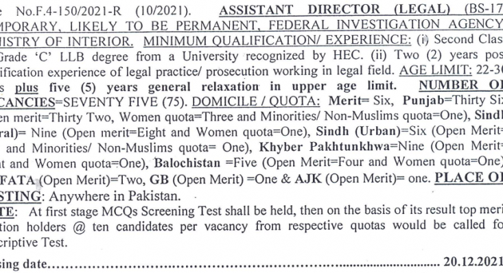 75 Posts of Assistant Director Legal in FIA
