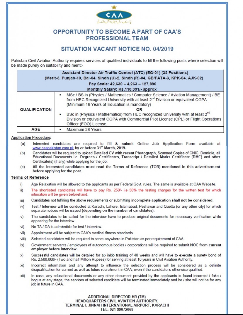 32 Posts of Assistant Director Air Traffic Control AD ATC announced in CAA Latest Jobs Advertisement 2019