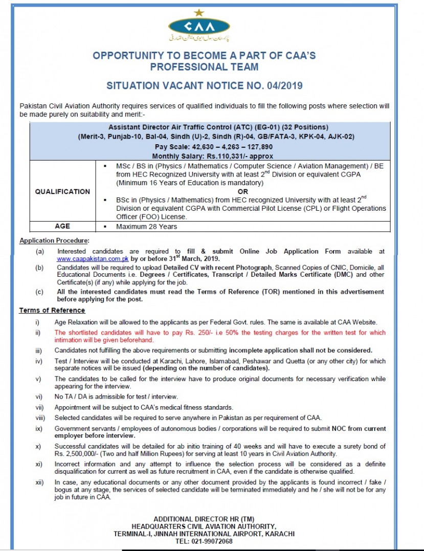 32 Posts of Assistant Director Air Traffic Control AD ATC announced in CAA Latest Jobs Advertisement 2019