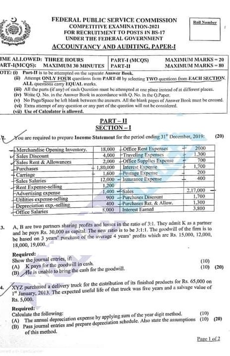 Accountancy and Auditing Paper 1 CSS 2021