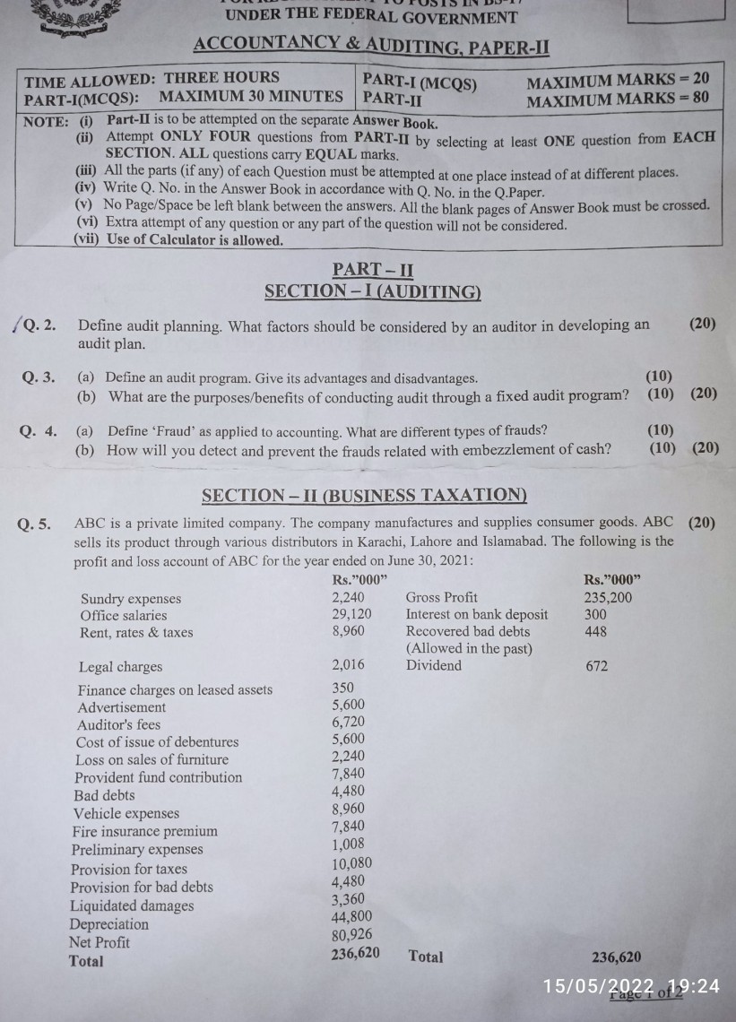 Accountancy Paper  II CSS 2022 