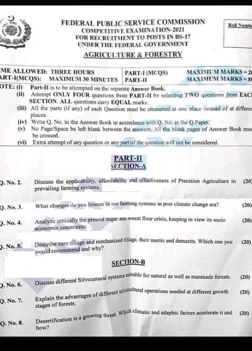 Agriculture and Forestry CSS Paper 2021 FPSC