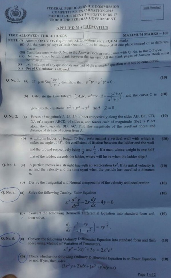 Applied Maths Paper CSS 2018