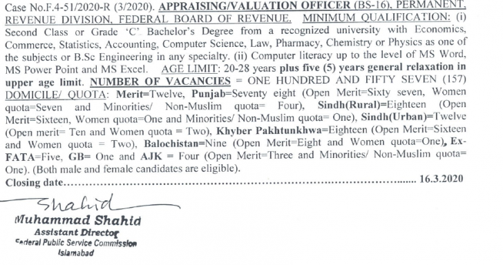 Appraising Valuation Officer FPSC Jobs 2020