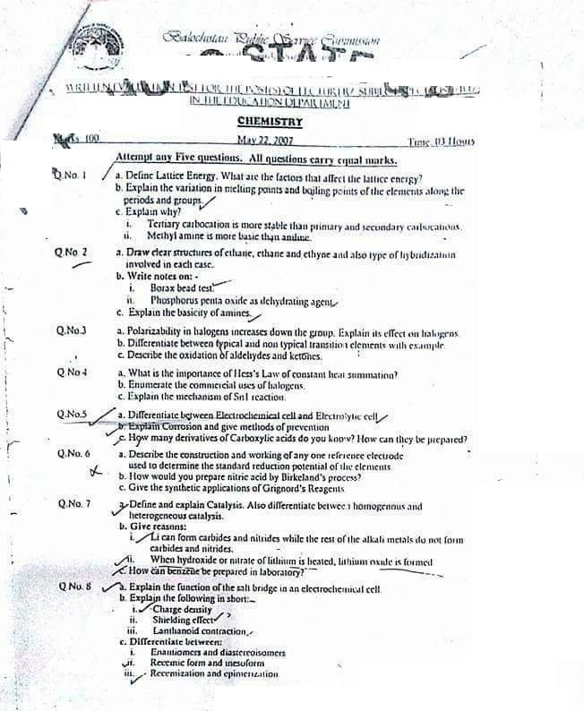 BPSC Lecturer Chemistry Past Paper 2007