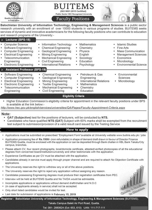 BUITEMS Lecturers and Assistant Professor Jobs 2019 