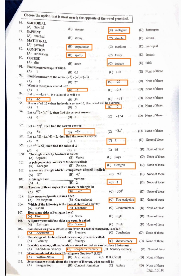 Basic Arithmetic Maths Section MCQs in MPT Screening Test Past Paper 2022  