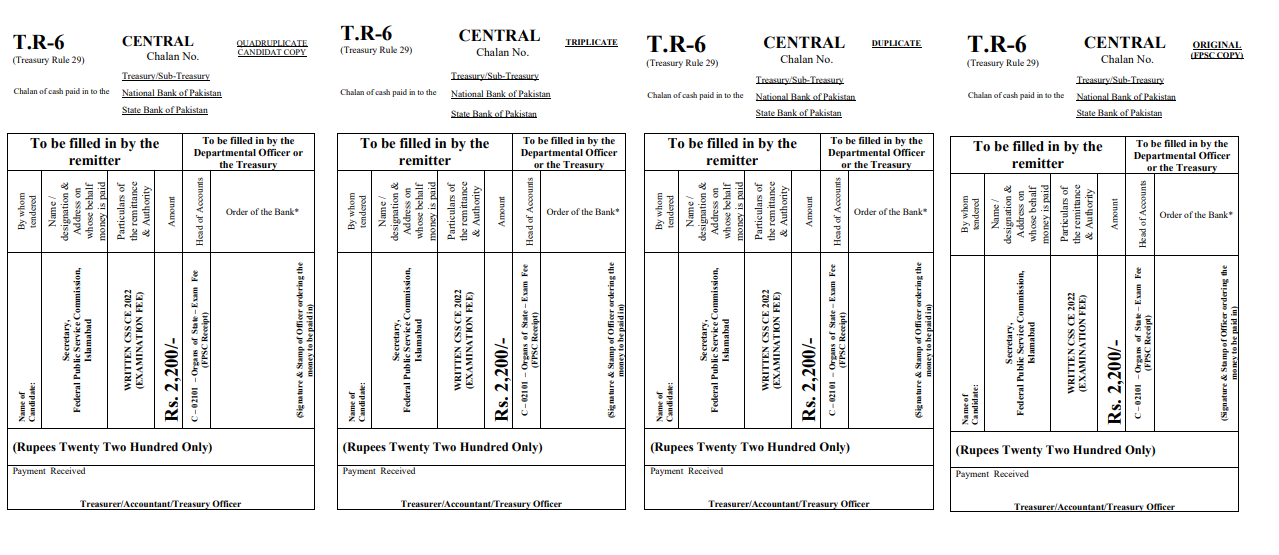 Bank Challan form CSS 2022 FPSC