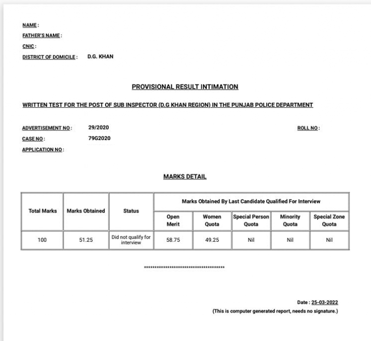  DG Khan Sub Inspector Merit Open Merit and Women Quota