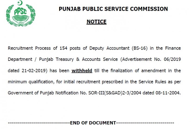 Deputy Accountant in Finance Department posts withheld by PPSC