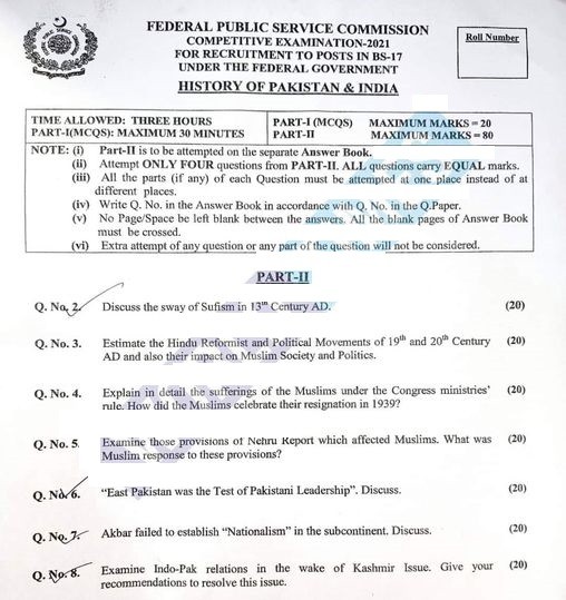 History of Pakistan and India CSS 2021 Paper