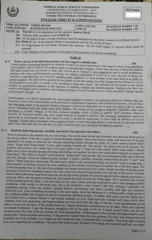 English Precis and Composition Paper CSS 2019 page 1