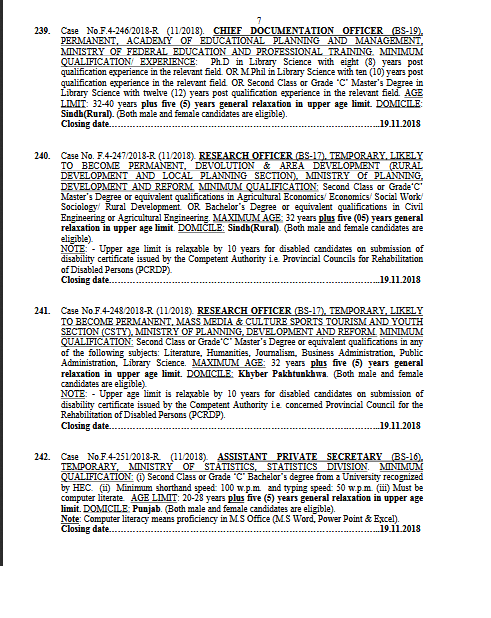 FPSC Jobs of  Research Officers, Assistant Private Secretary in Statistics Department 2018 latest