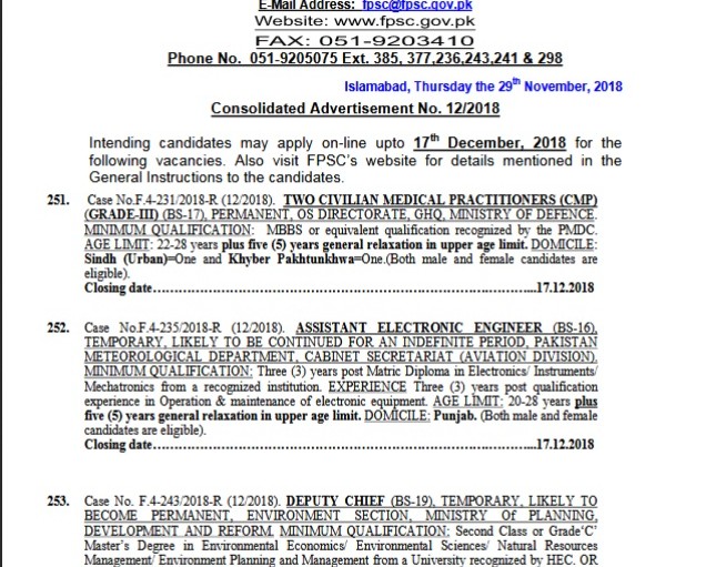 FPSC Jobs of Civilian Medical Practitioner, Assistant Electronic Engineer, Deputy Chief 2018 Latest