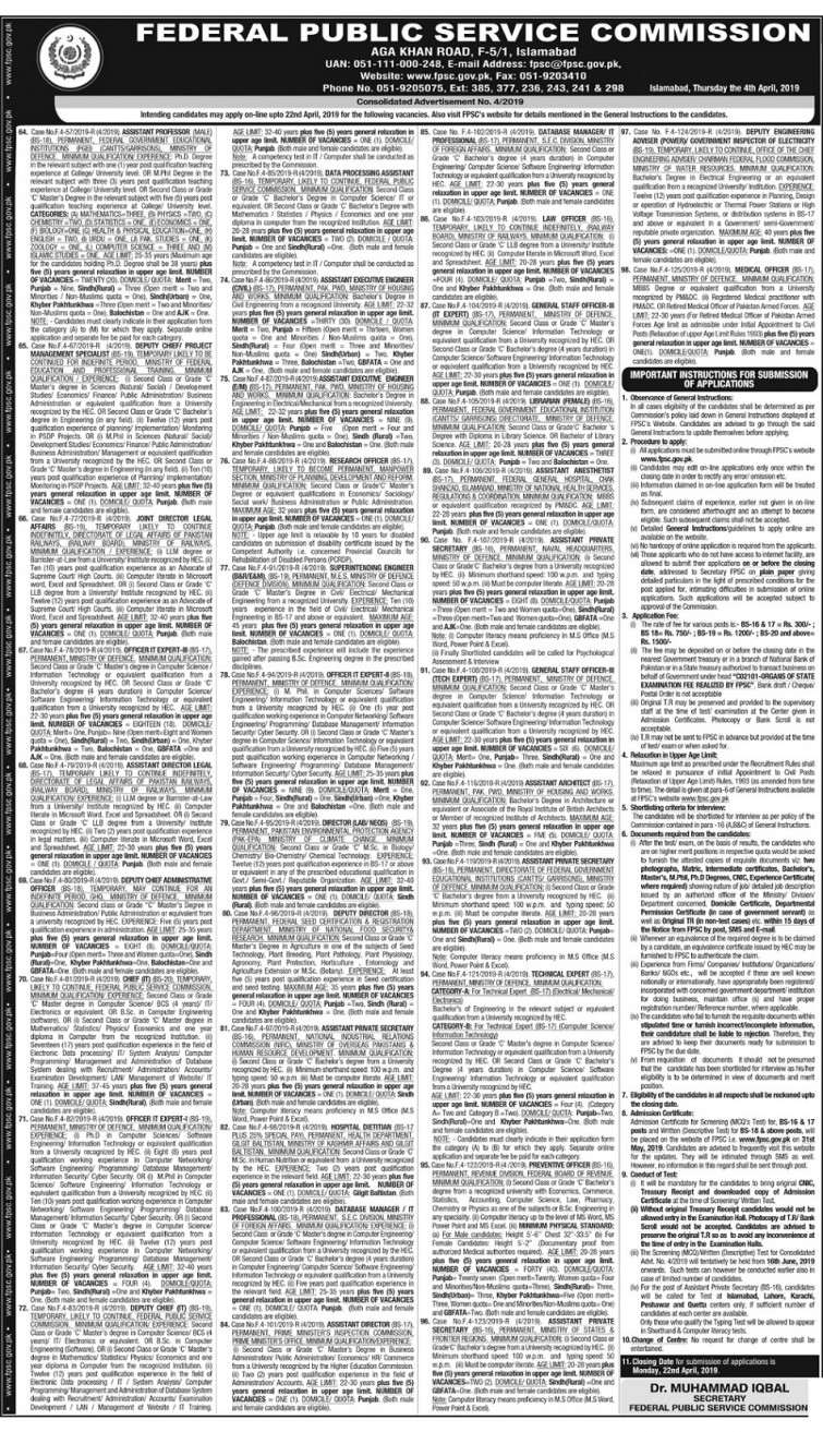 Federal Public Service commission latest Jobs advertisement no 04/2019 of Preventive Officer and other Jobs