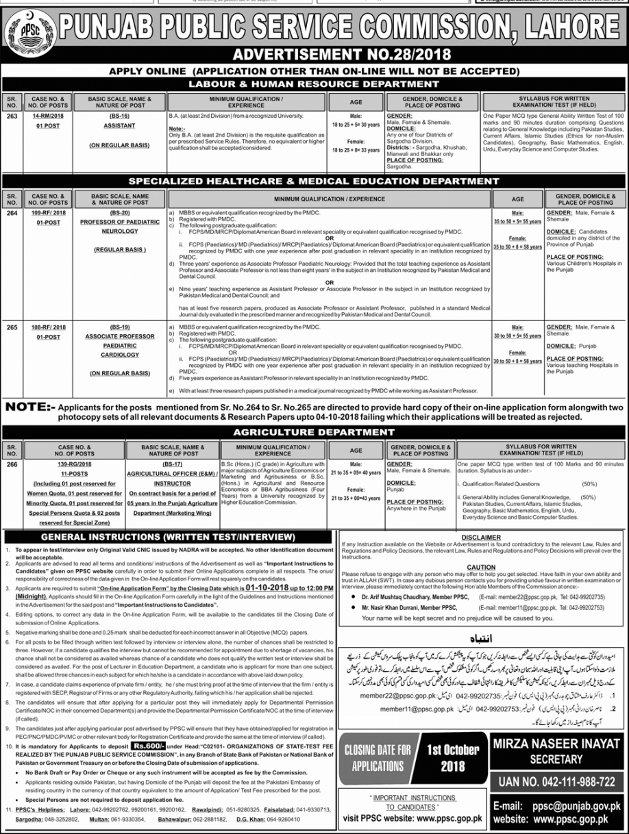 PPSC Latest Jobs of Agricultural Officers Advertisement No. 28/2018
