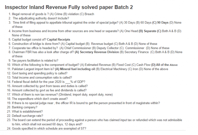 Inspector Inland Revenue today Paper Batch 1 21st February 2022  Batch 1 10:00 Am fully solved