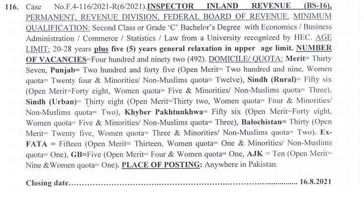 429 Posts of Inspector Inland Revenue in FBR