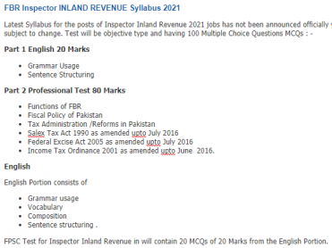 Inspector Inland Revenue FPSC Syllabus 2021