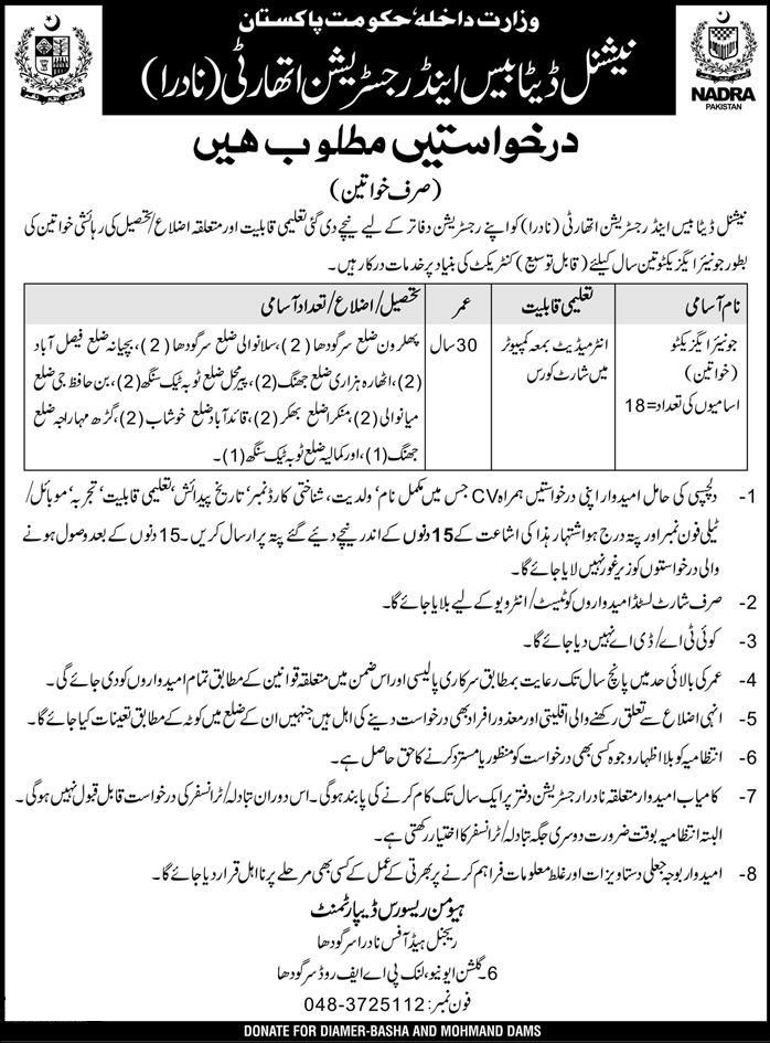 Junior Executive NADRA Female Punjab Jobs 2018