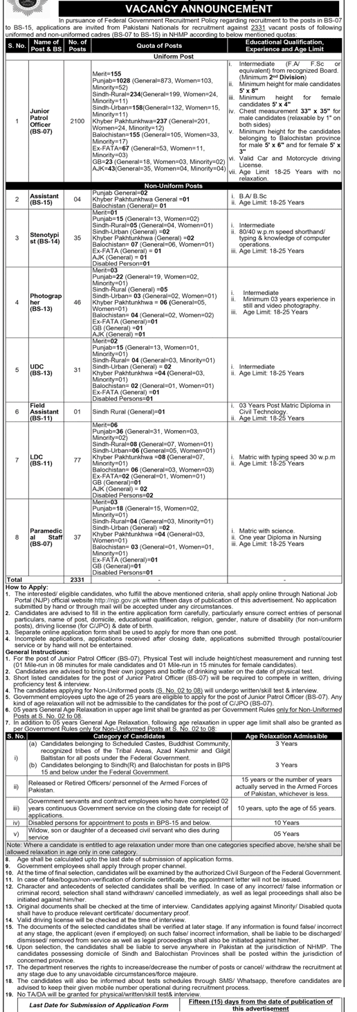 2100 Posts of Junior Patrol Officer in Motorway Police PTS Jobs 2019 latest advertisement