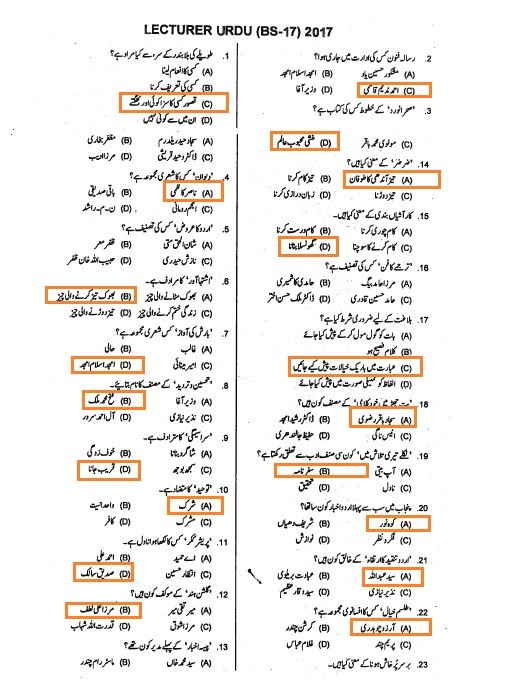 PPSC Lecturer Urdu Past Paper 2017