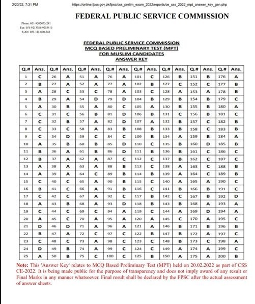  MPT Screening Test CSS 2022 Answer keys 