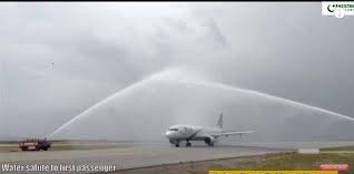 First PIA Flight Welcome with Water Cannons Salute at New Islamabad International Airport