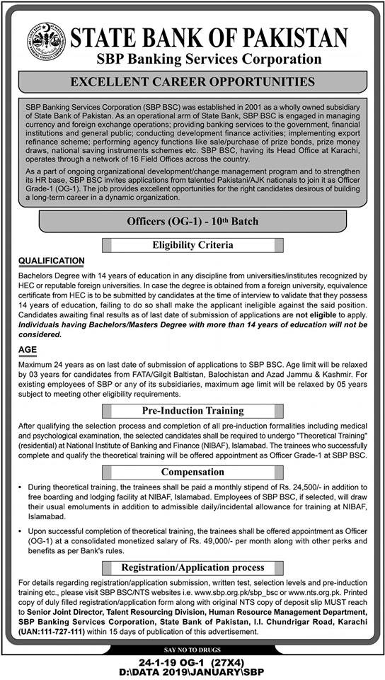 Officer OG-1 State Bank of Pakistan NTS Jobs 2019