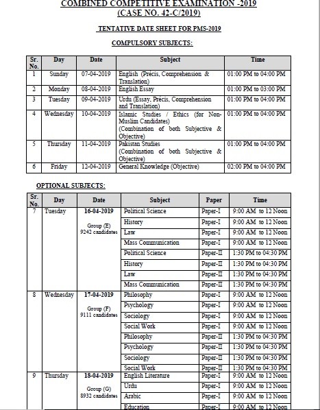 PMS 2019 Date Sheet