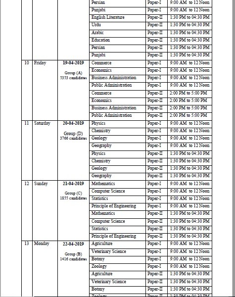 Exam Schedule of PMS 2019 Combined Competitive Examination