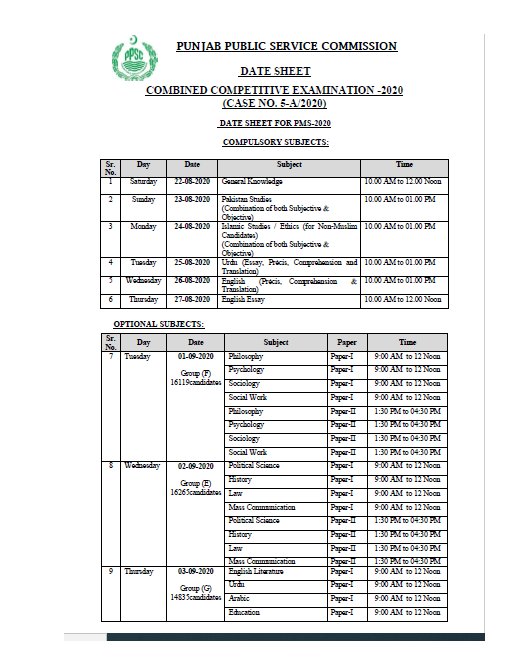 PMS 2020 Date Sheet