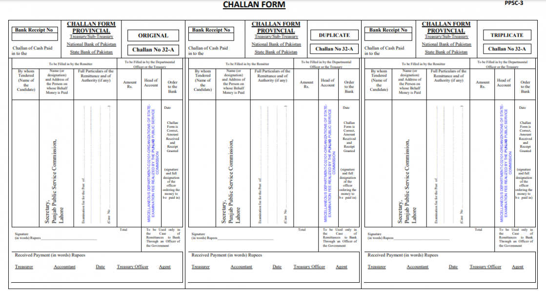 Bank Challan form PMS 2022 PPSC